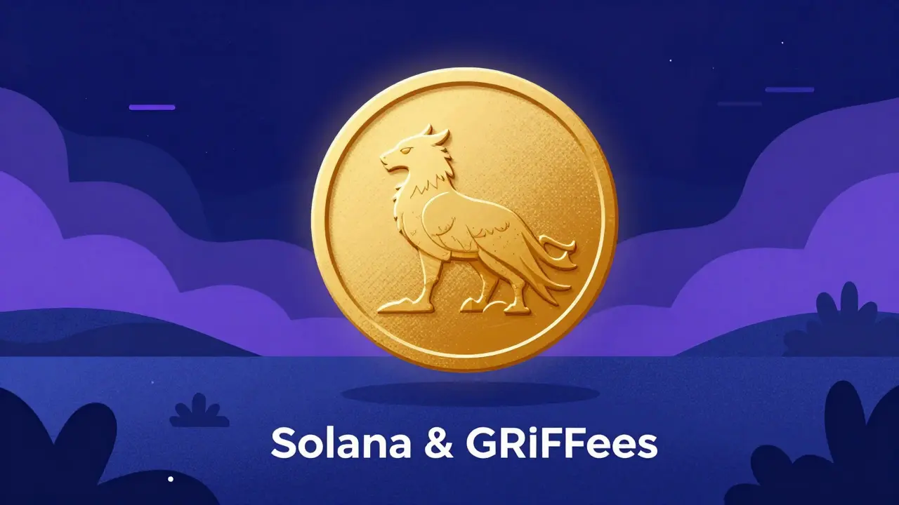 Golden GRIFFAIN token floating over abstract Solana landscape