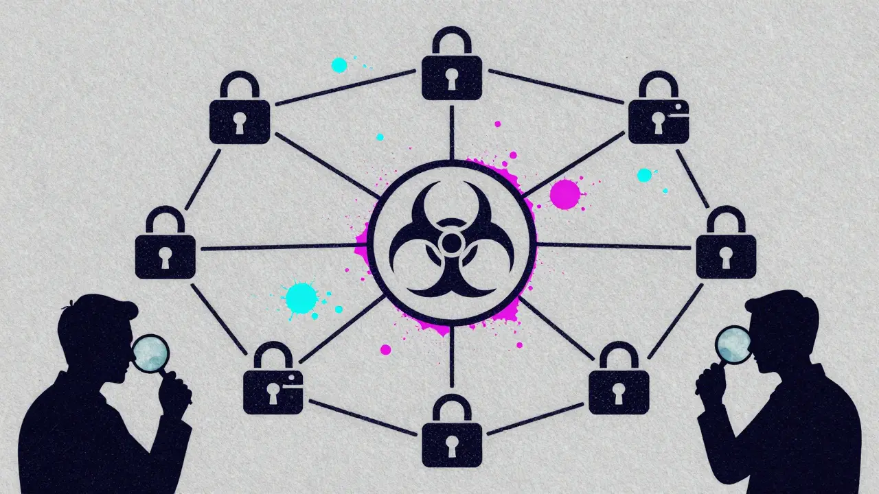 Graphic illustration of blockchain analysis tracking illicit funds.