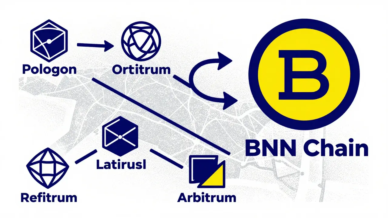 Graphic showing KOM token migration to BNB Chain for lower fees.