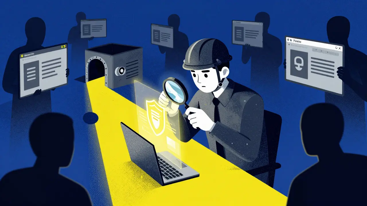 Illustration of a cautious trader inspecting smart contracts while avoiding phishing risks in a Riso aesthetic.