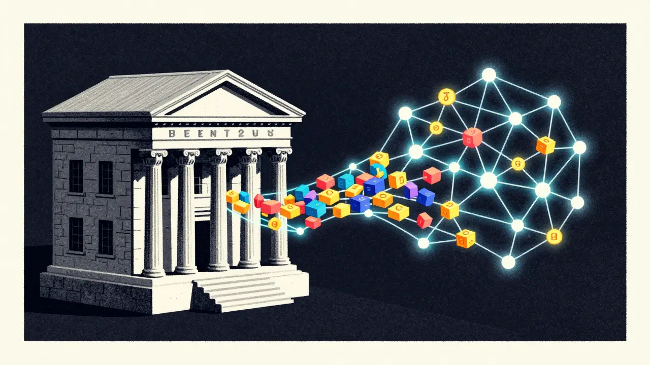 Illustration of a digital bridge connecting a traditional bank to a blockchain network of tokens.
