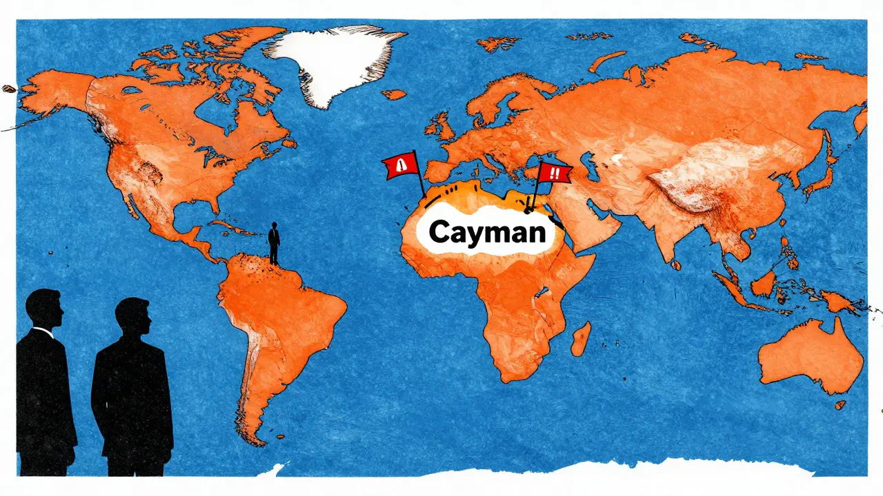 Illustration showing an isolated Cayman Islands registry separate from regulated US and EU markets.