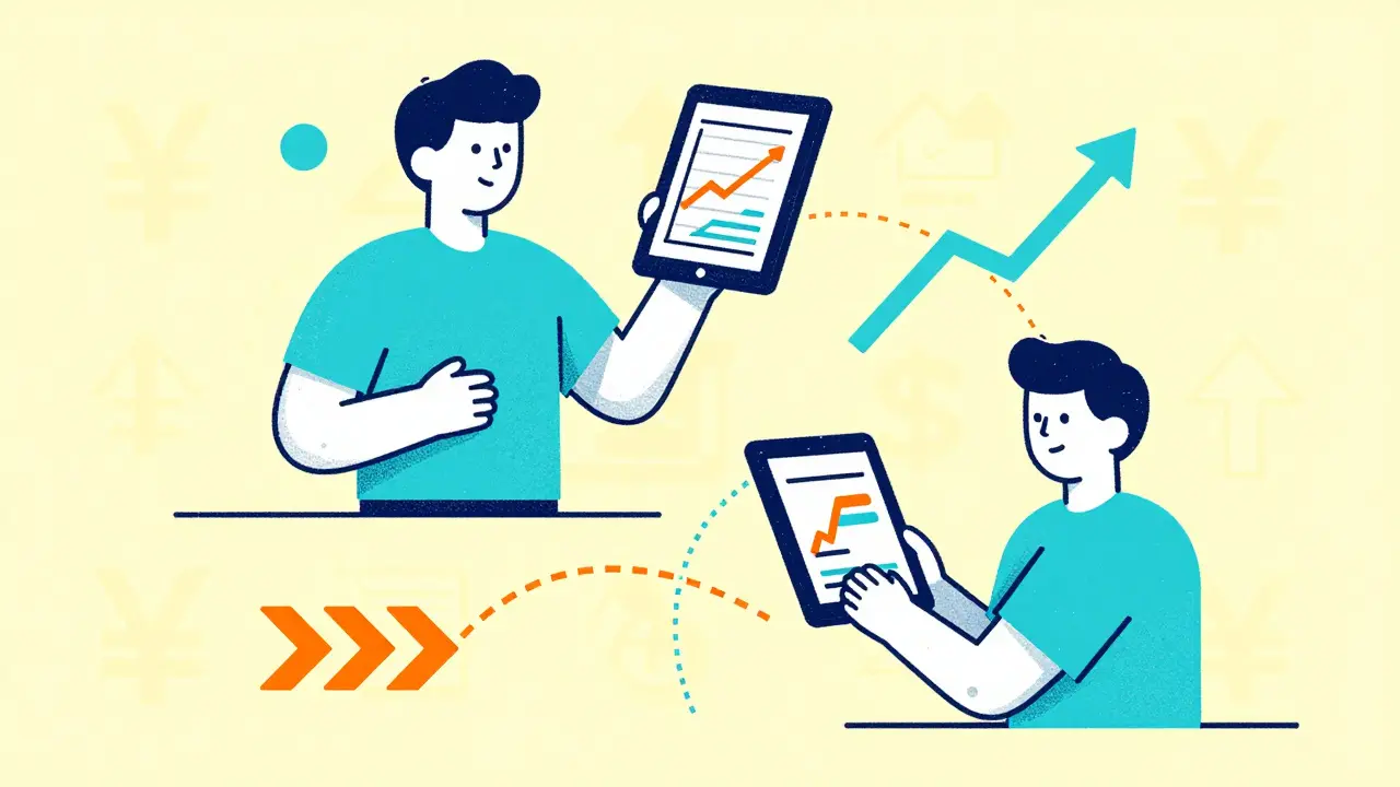 Illustration showing copy trading with two users connected by data streams.