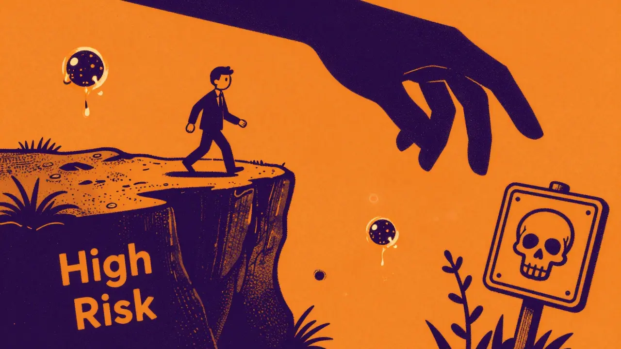 Investor walking towards a risky cliff edge, Risograph style