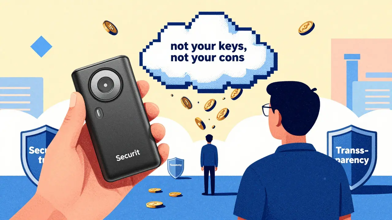 Person holding hardware wallet away from dissolving cloud