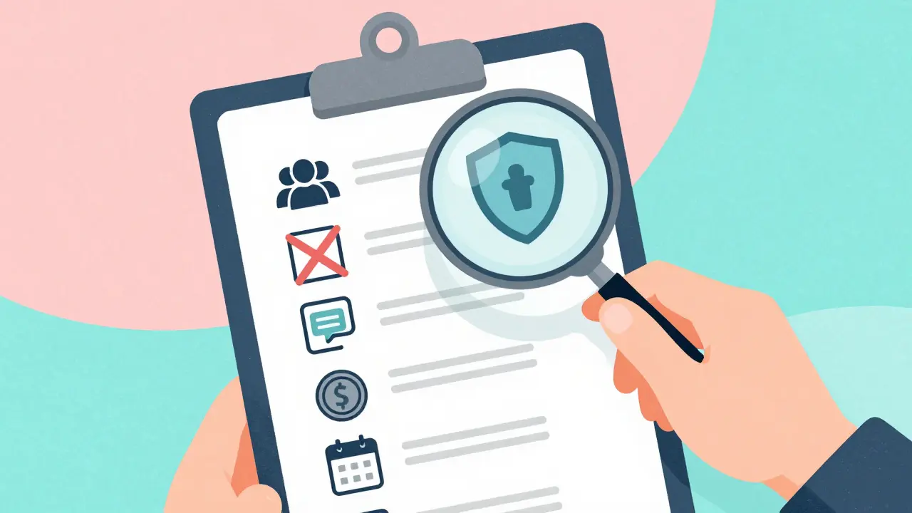 Person inspecting a checklist with icons under a magnifying glass