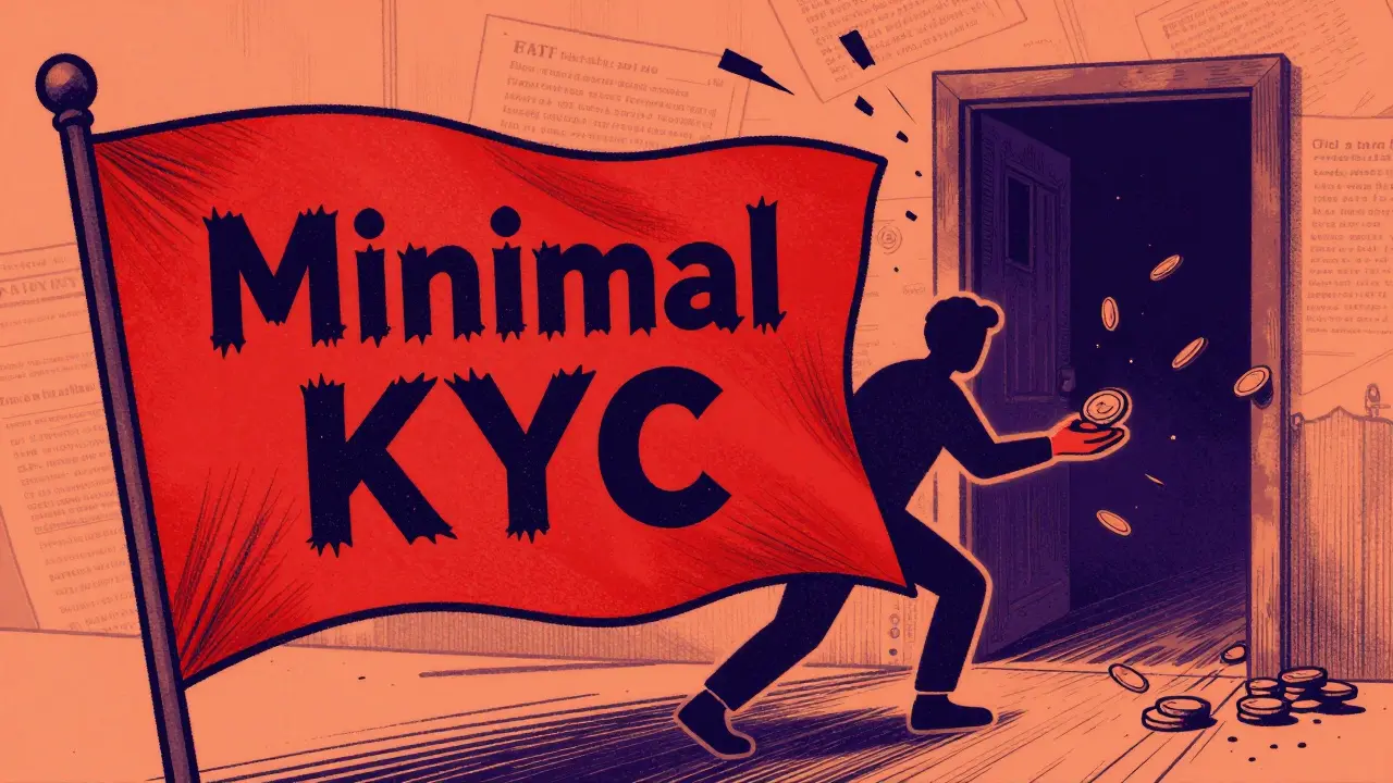 Red flag warning sign near vanishing door, illustrating risks of minimal KYC scams