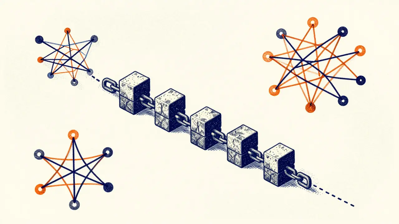 Rigid blockchain chain contrasted with flexible DLT web structure diagram