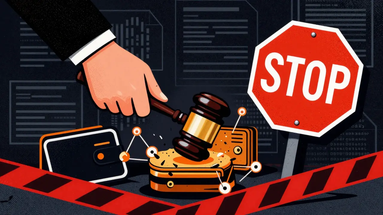 Riso-style art of a government hand enforcing penalties on digital currency transactions.