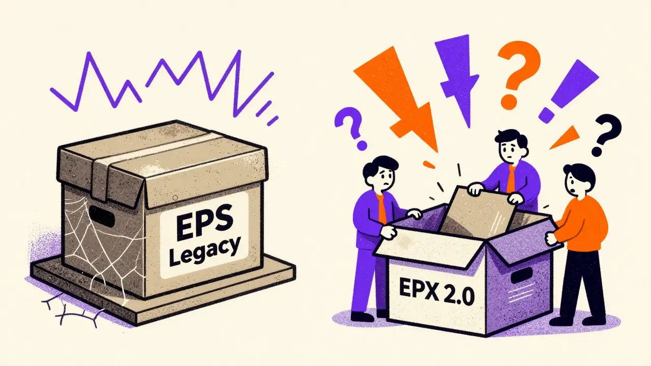 Riso-style illustration showing confused traders navigating the EPS to EPX token migration and volatility.