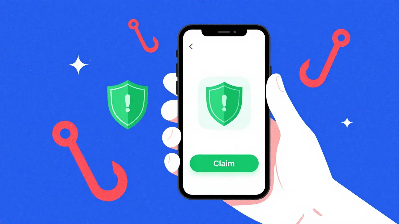 Risograph graphic showing secure token claim and scam warnings