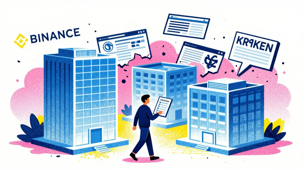 Safe crypto exchanges depicted as sturdy buildings vs crumbling scams