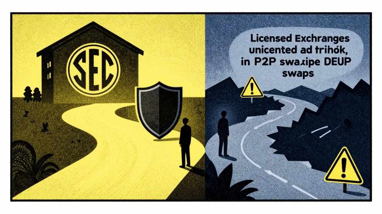 Split illustration comparing safe licensed crypto exchange vs risky DeFi