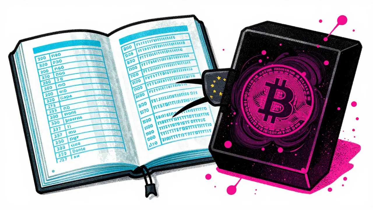 Split illustration comparing transparent vs opaque crypto ledgers