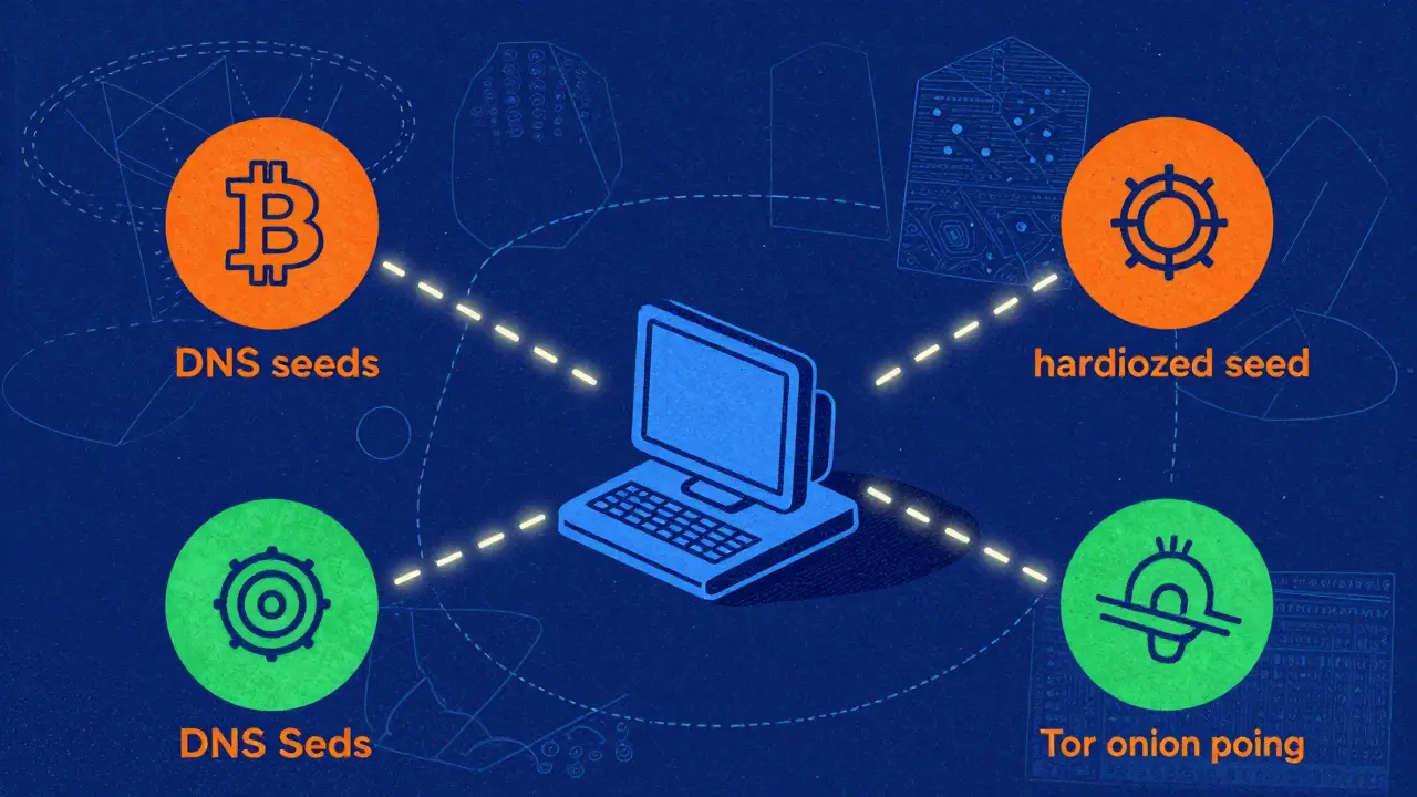 Stylized graphic showing a new node connecting via DNS seeds and Tor for discovery.