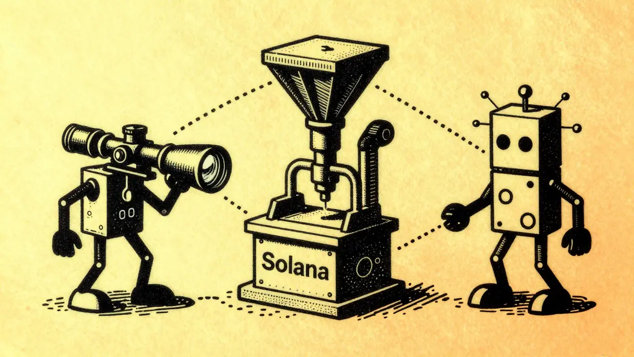 Three AI agents automating tasks on blockchain in Risograph art