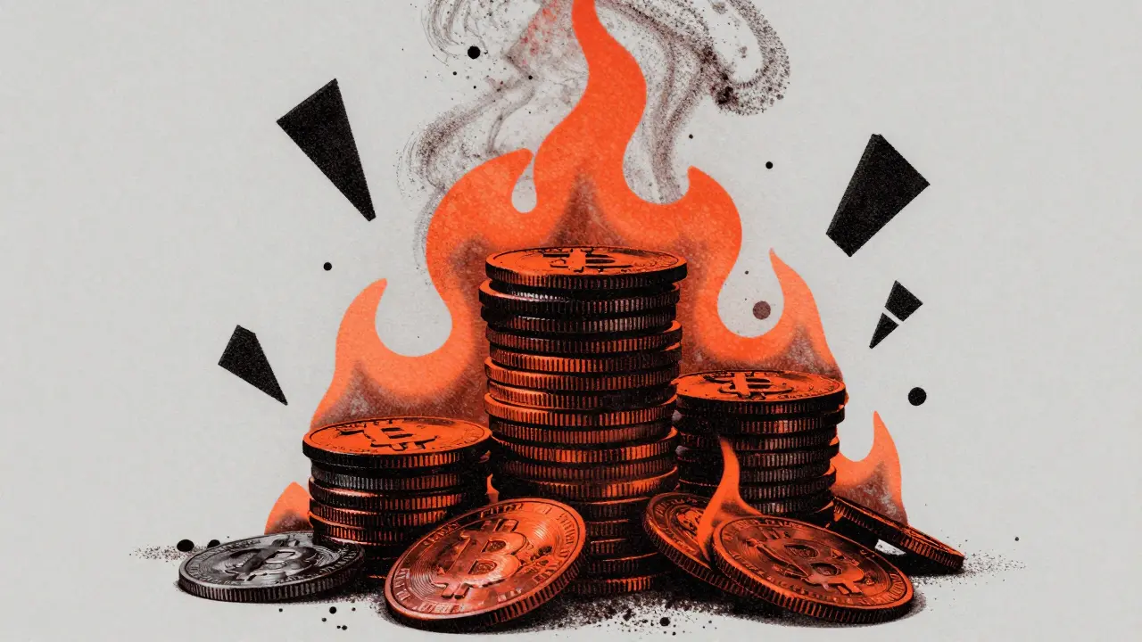 Tokens burning away in Risograph print style showing supply burn