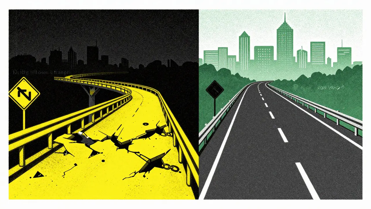 Two diverging paths: one crumbling and dark, the other bright and secure