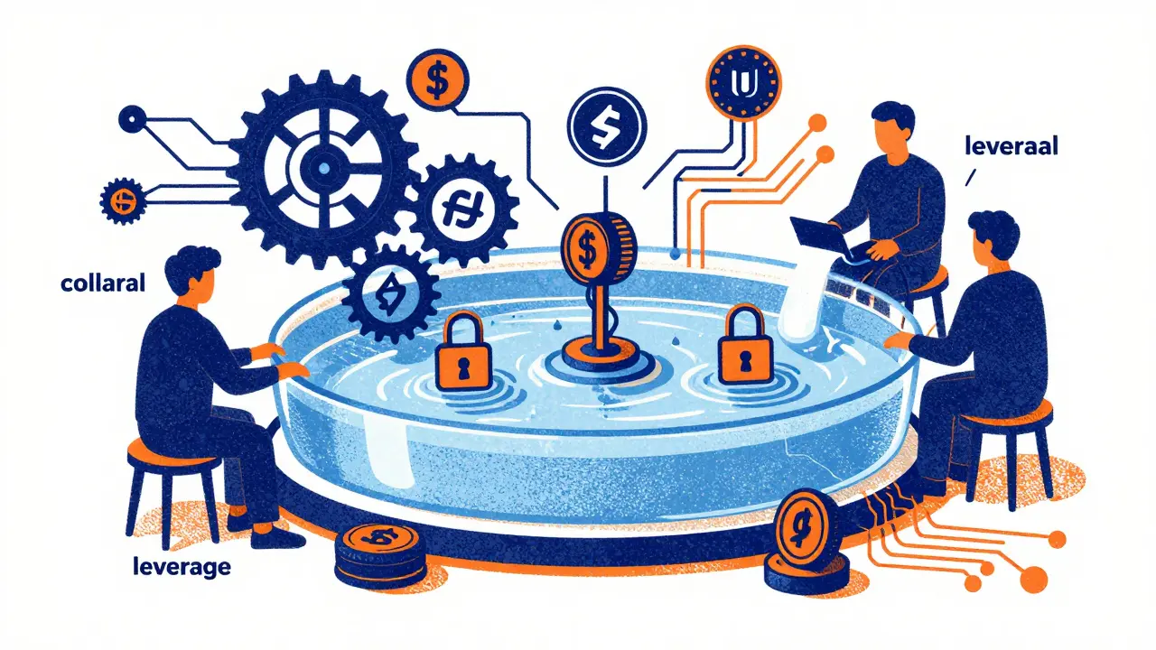 Abstract AMM liquidity pool with tokens and algorithmic gears in Risograph style