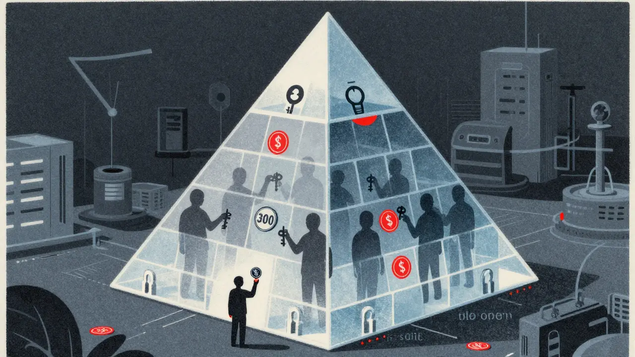 Abstract Risograph art showing a mysterious pyramid of locked tokens and anonymous figures