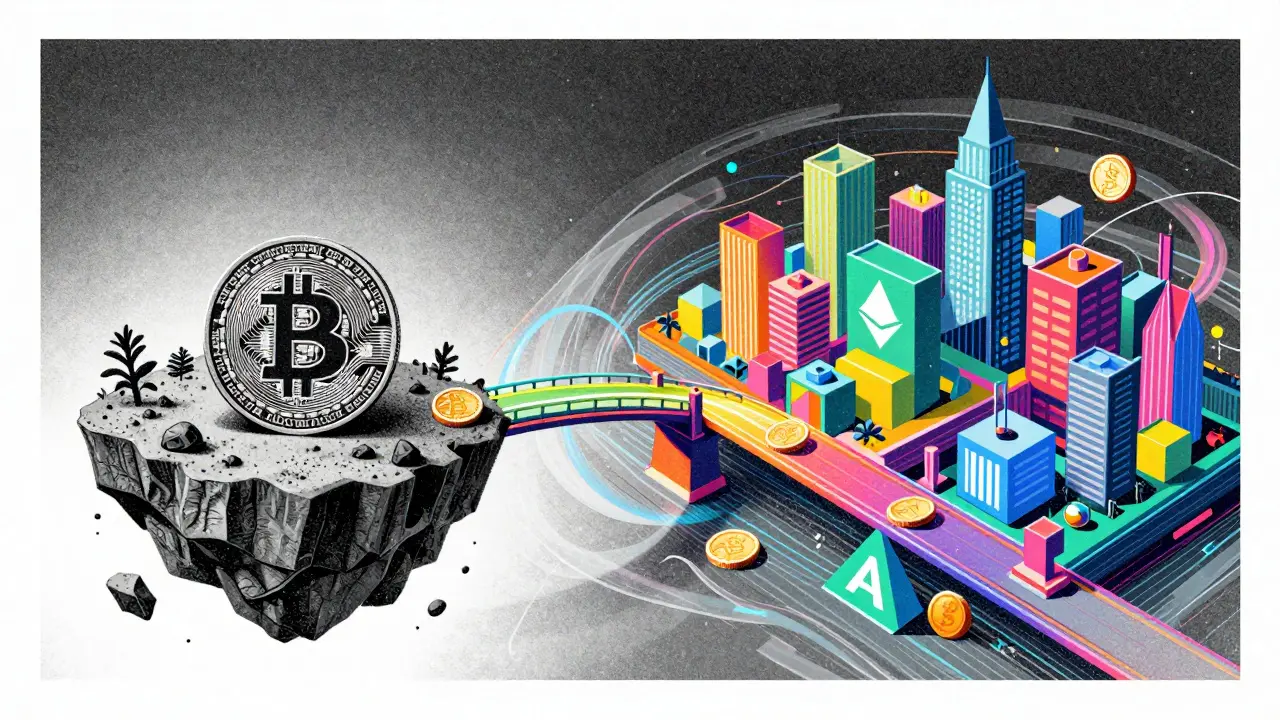 Cartoon bridge connecting Bitcoin island to DeFi cityscape