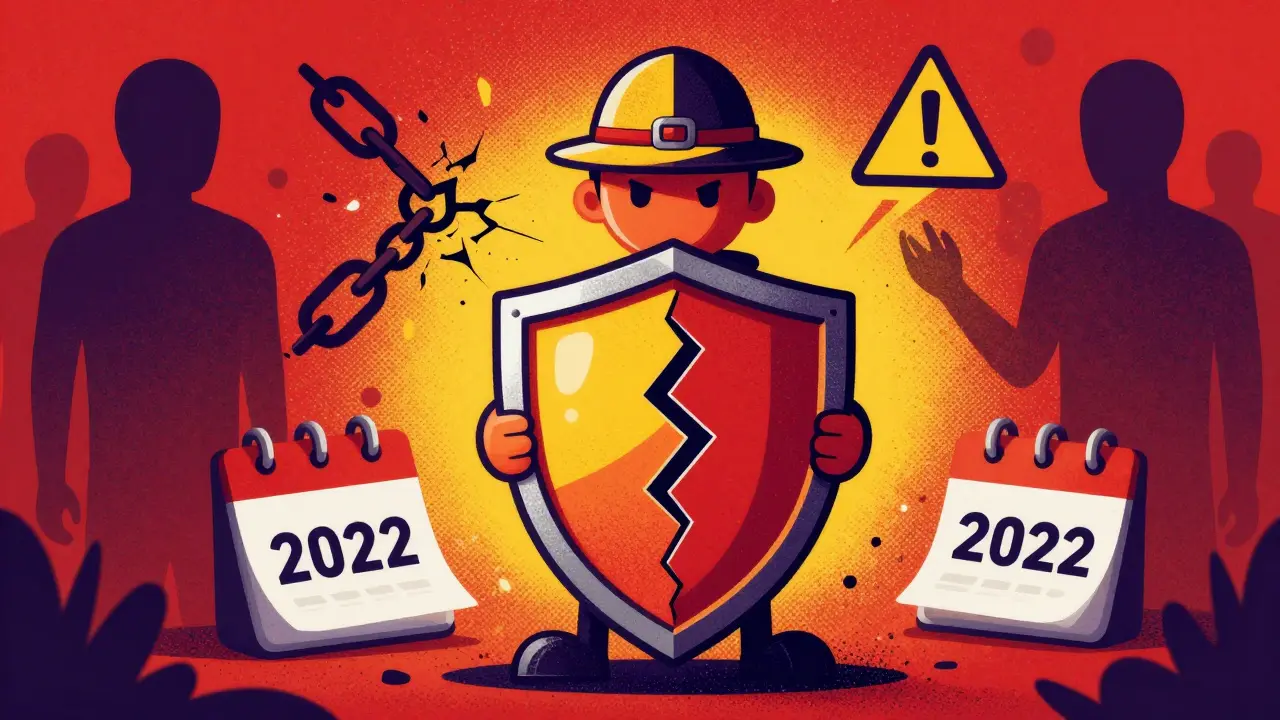 Cracked shield and warning symbols illustrating DeFi security risks and red flags.