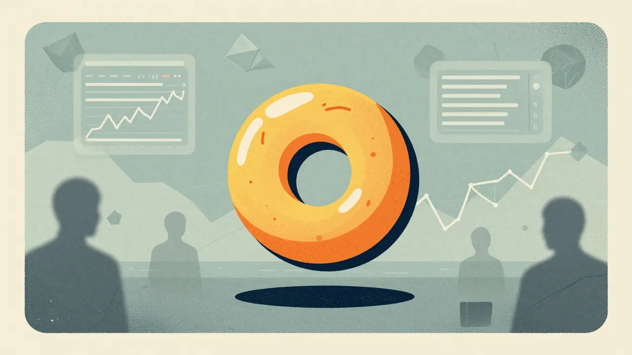 Empty digital market with floating bagel icon and flat trading charts, muted colors.