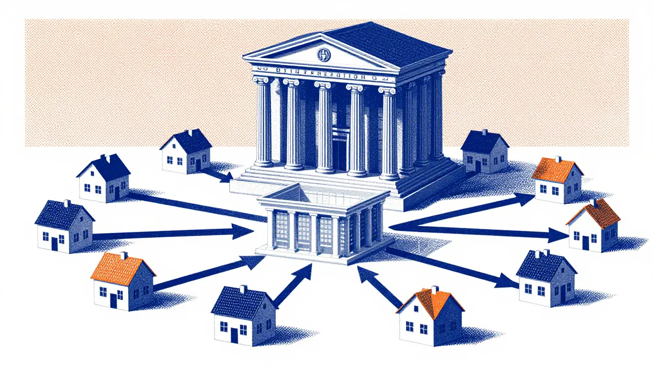 Graphic art showing funds flowing directly from homes to a central bank, bypassing a commercial bank.