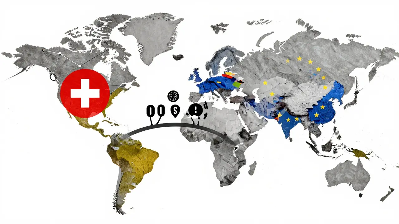 Graphic map comparing Swiss crypto regulation with global markets
