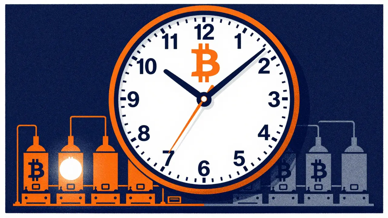Graphic showing Bitcoin halving reducing rewards and affecting mining farms.