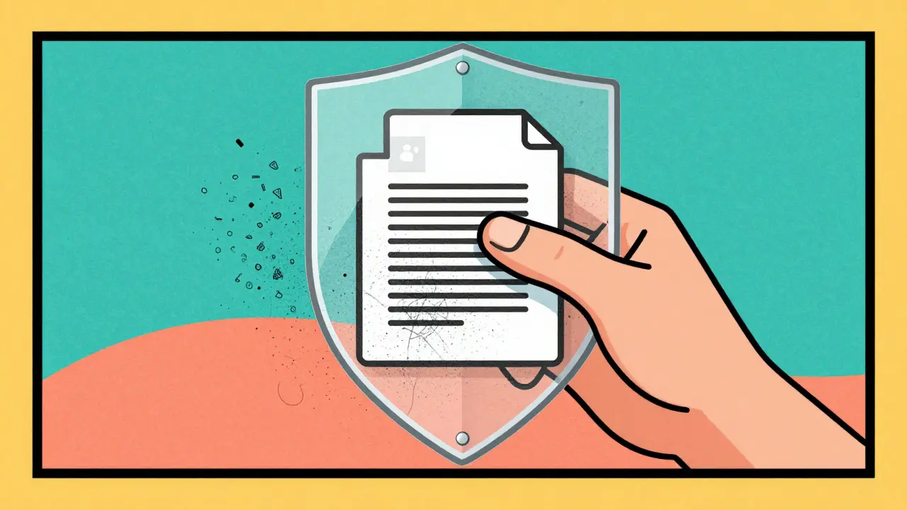 Hand holding a shield filtering metadata from documents in Risograph style.