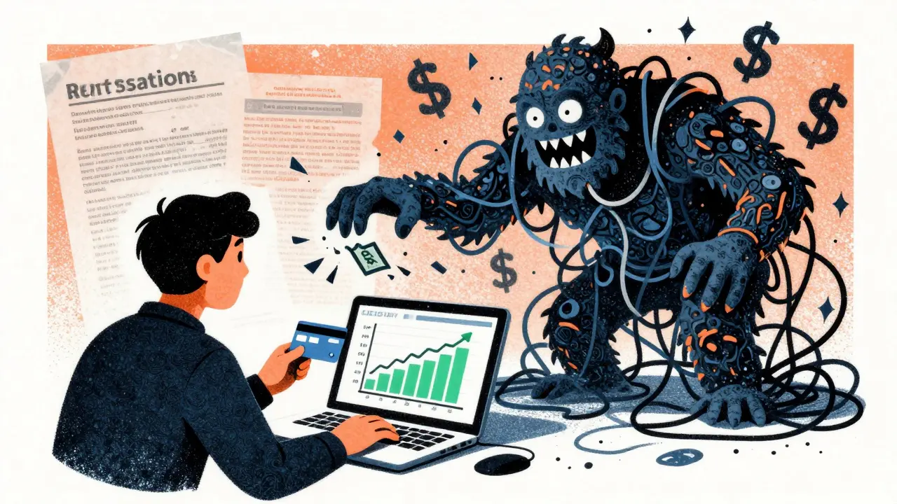 Illustration of a user falling for a crypto scam while a monster steals their funds.