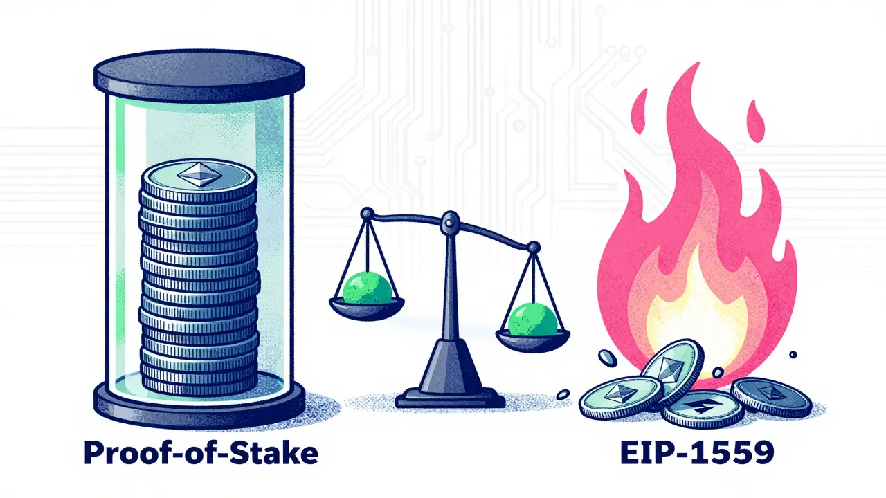 Illustration of Ethereum staking pillars and fee burning flames balancing.