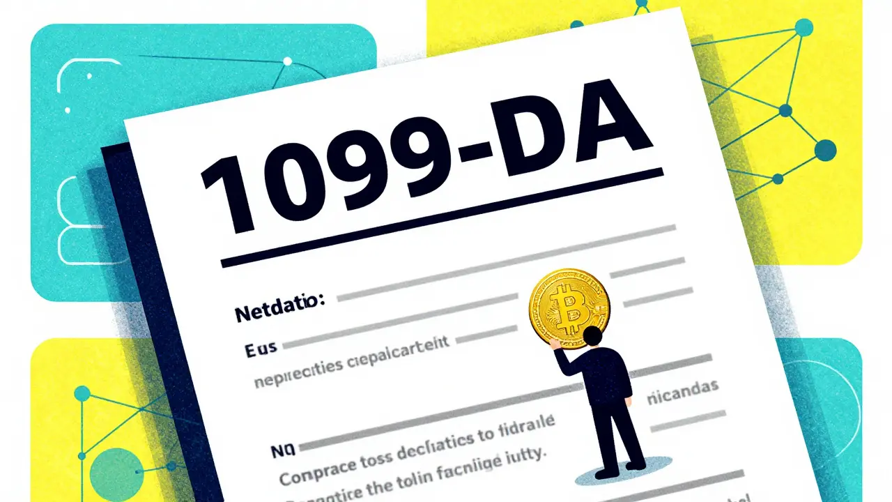 Illustration of IRS Form 1099-DA looming over a crypto holder.