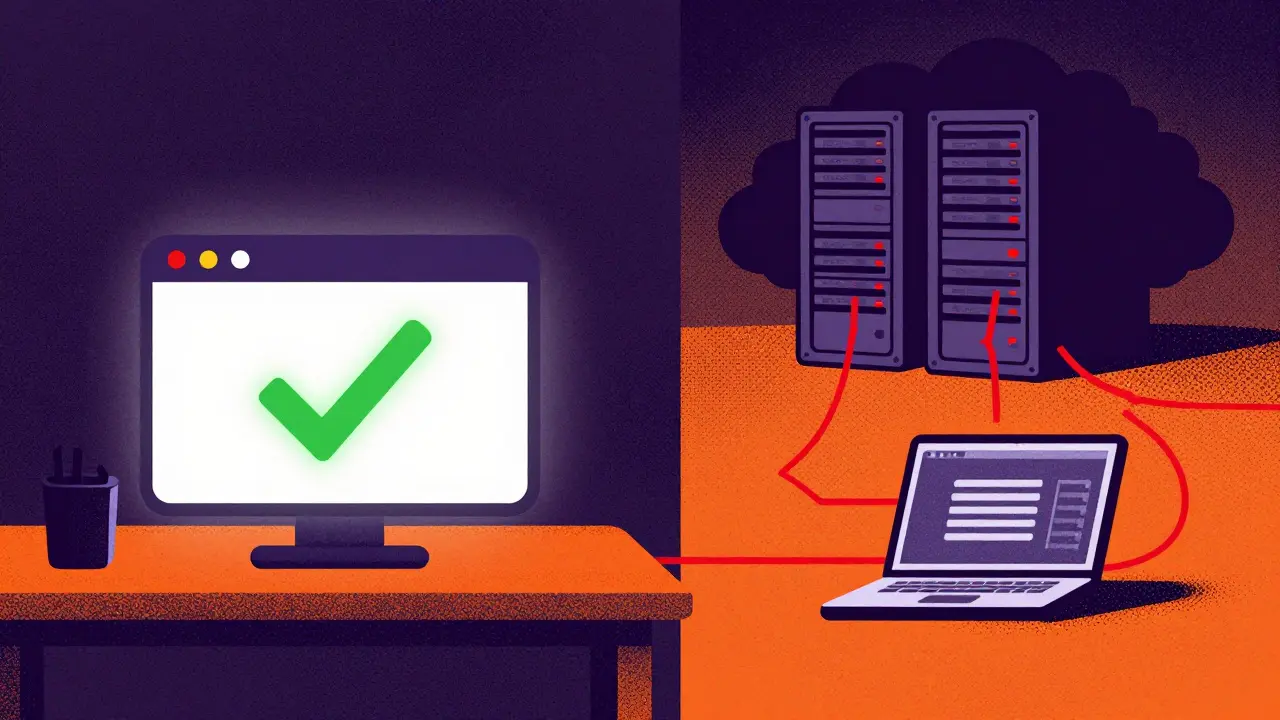 Risograph art comparing safe local processing vs risky cloud servers.