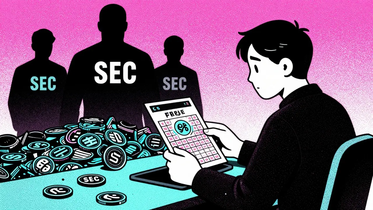 Risograph art of a gambler facing regulatory risks with a failing meme coin token
