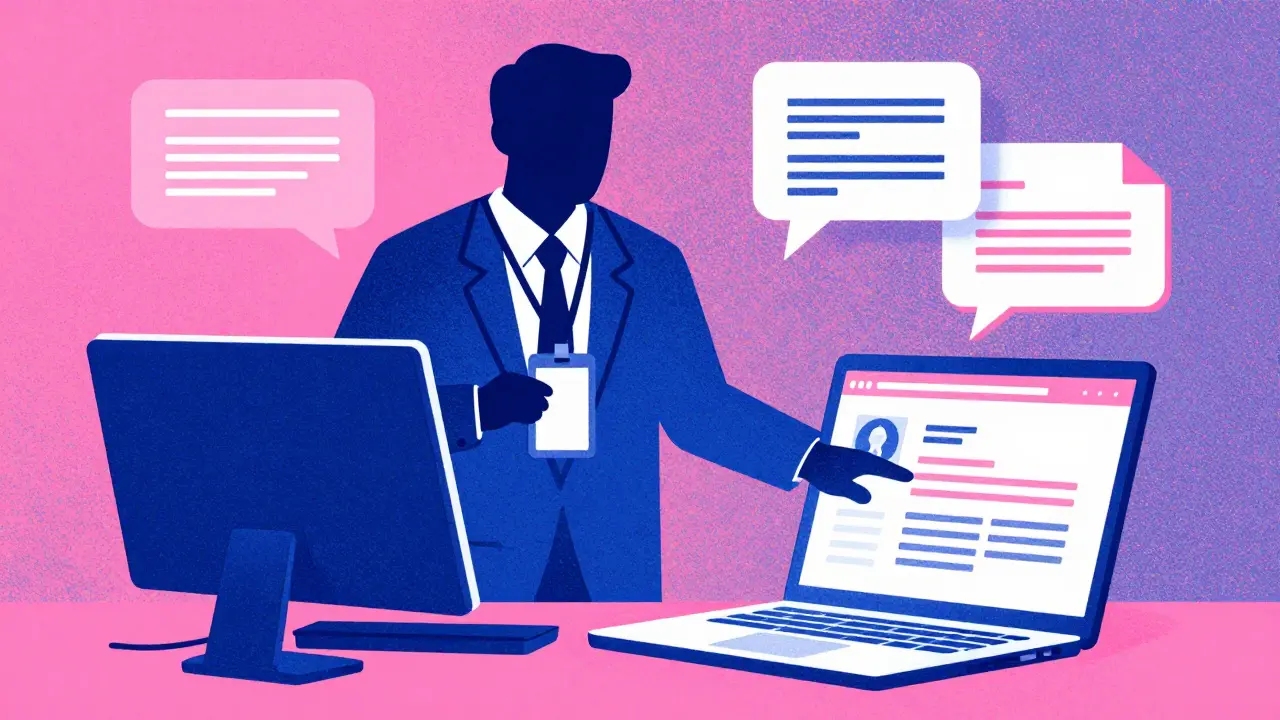 Risograph art of a hacker using fake identity to steal crypto keys from a laptop
