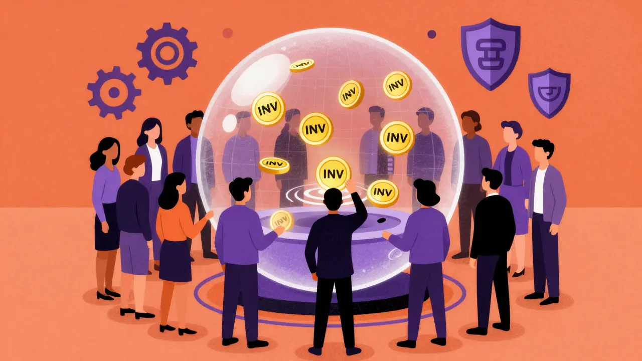 Risograph art of DAO members voting with floating INV tokens in a sphere