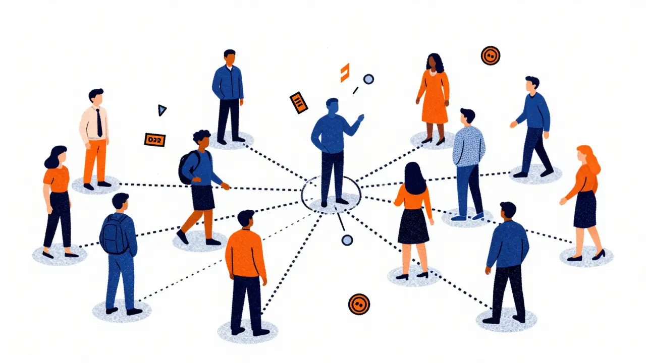 Risograph graphic showing connected people exchanging tokens in a network