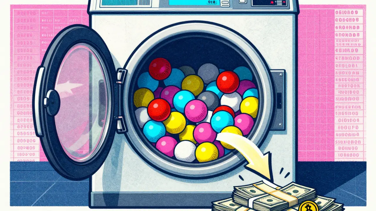 Risograph graphic showing crypto mixers laundering stolen coins like laundry