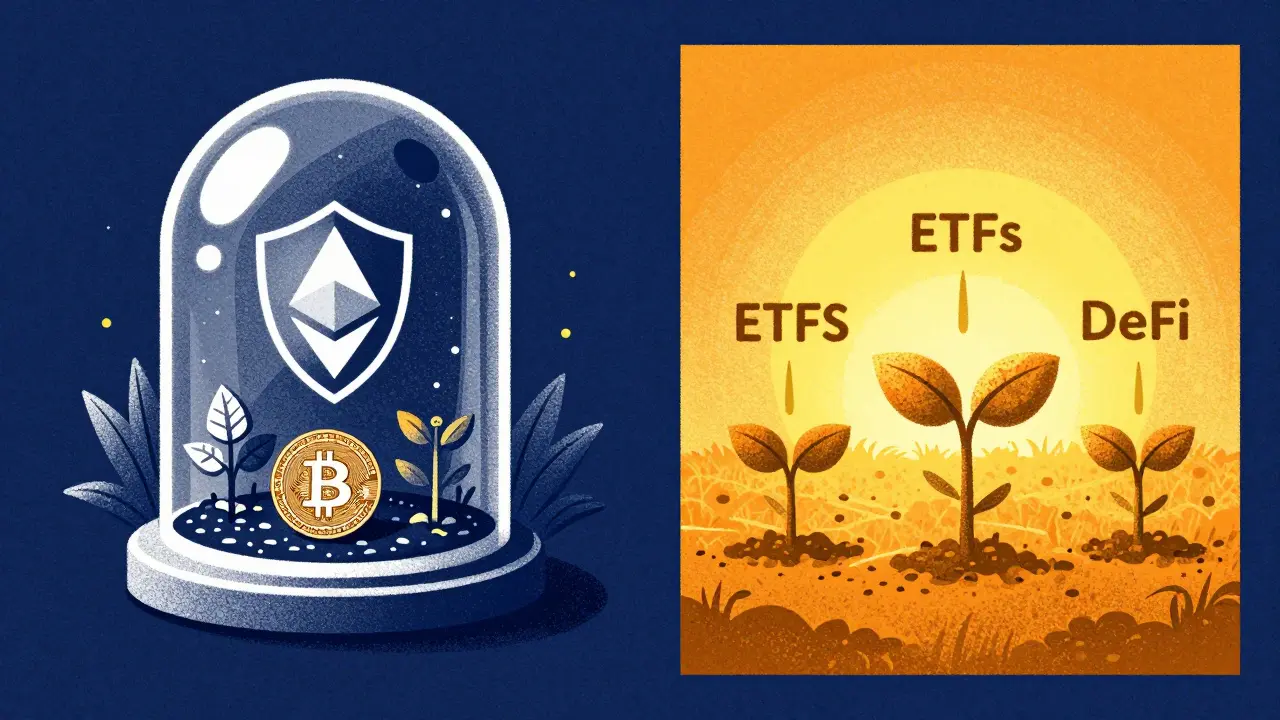 Risograph graphic showing secure local coins vs future ETF growth