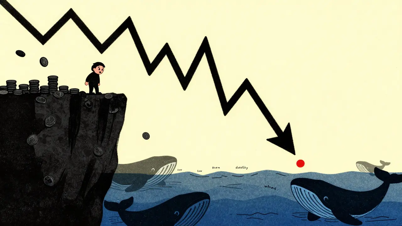 Risograph illustration of a crashing crypto chart and whales causing market volatility