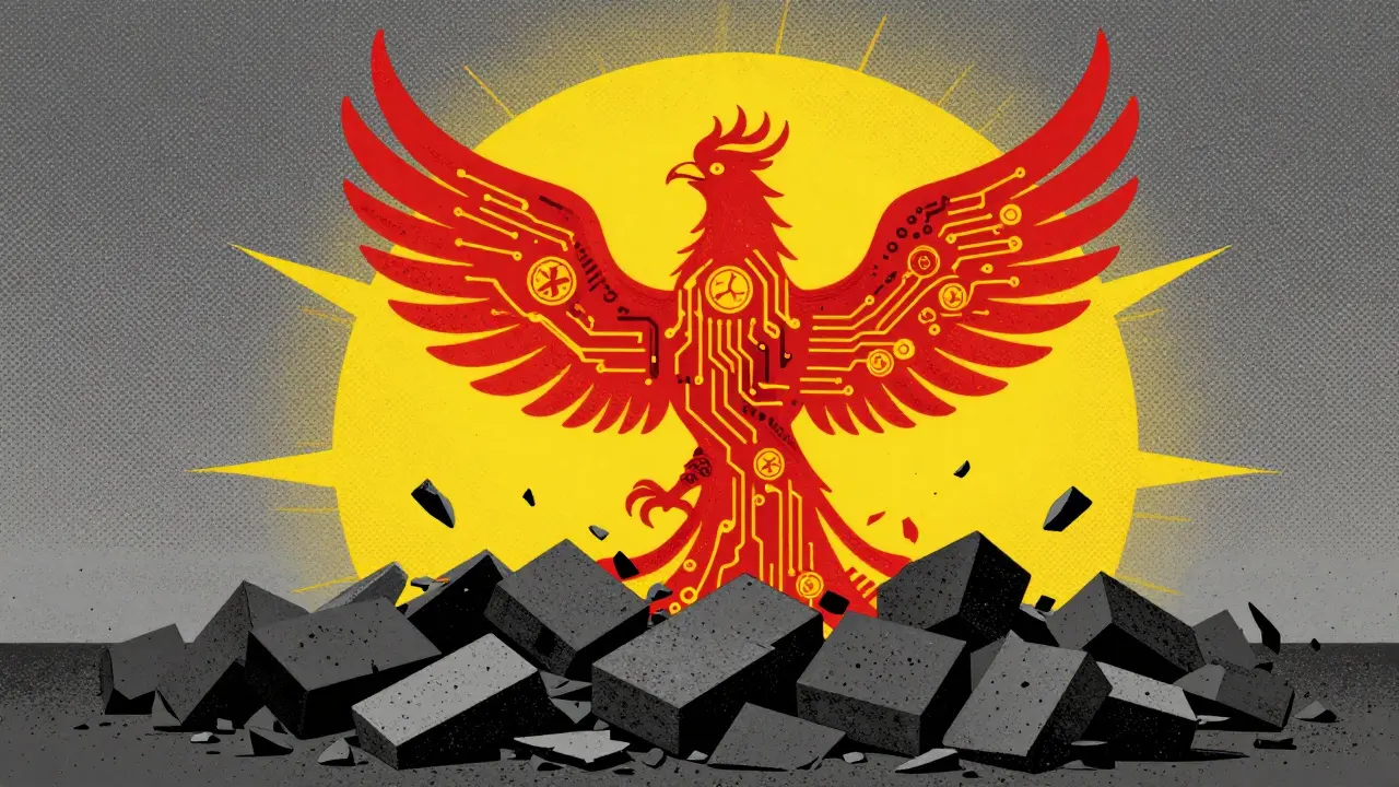 Risograph illustration of a digital phoenix rising from broken blocks