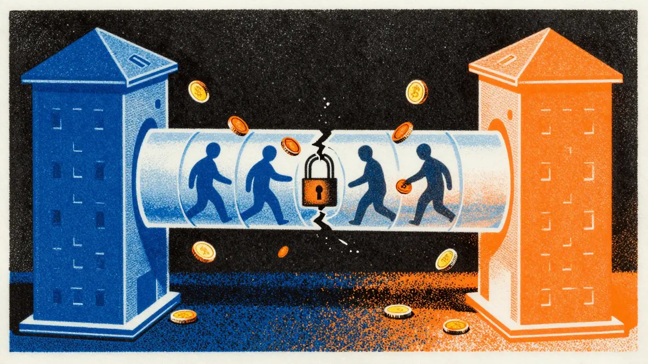 Risograph illustration of vulnerable crypto bridge with fake tokens