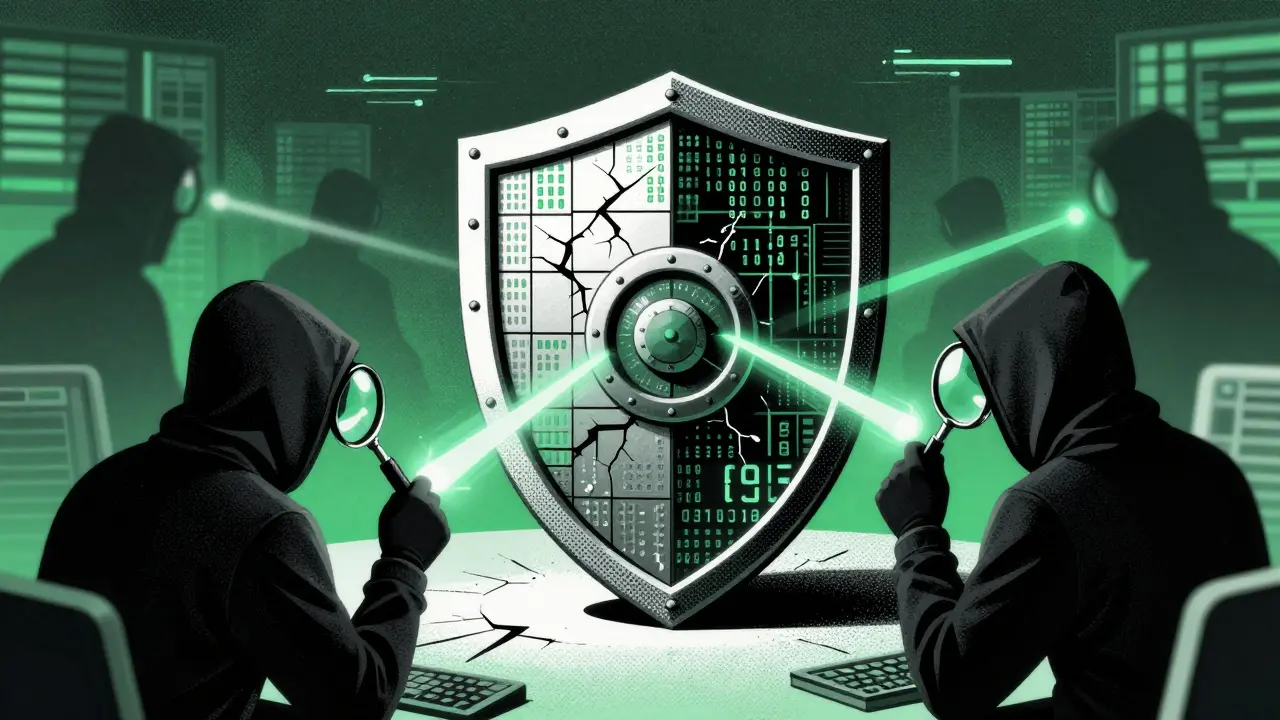 Risograph image of secure smart contract shield under audit inspection