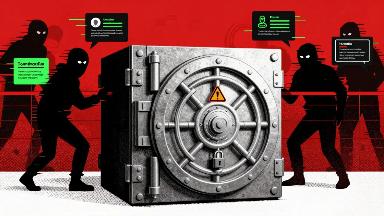 Risograph style graphic of a secure vault blocking crypto scammers and bots