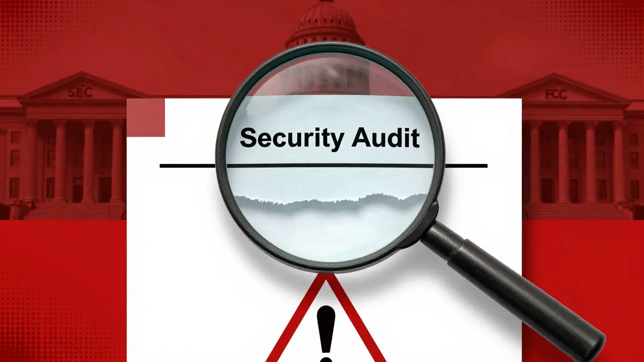 Risograph style magnifying glass revealing missing security audits on a document