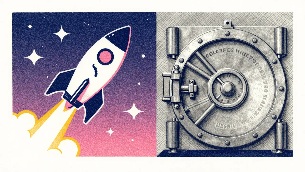 Rocket vs vault illustrating fast listings and security in Risograph art