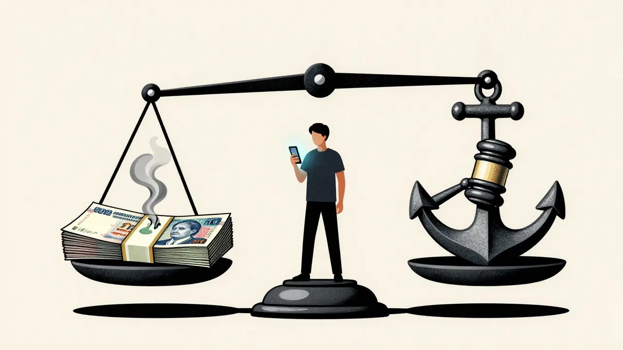 Scale weighing inflation against legal fines for crypto traders in Risograph illustration.