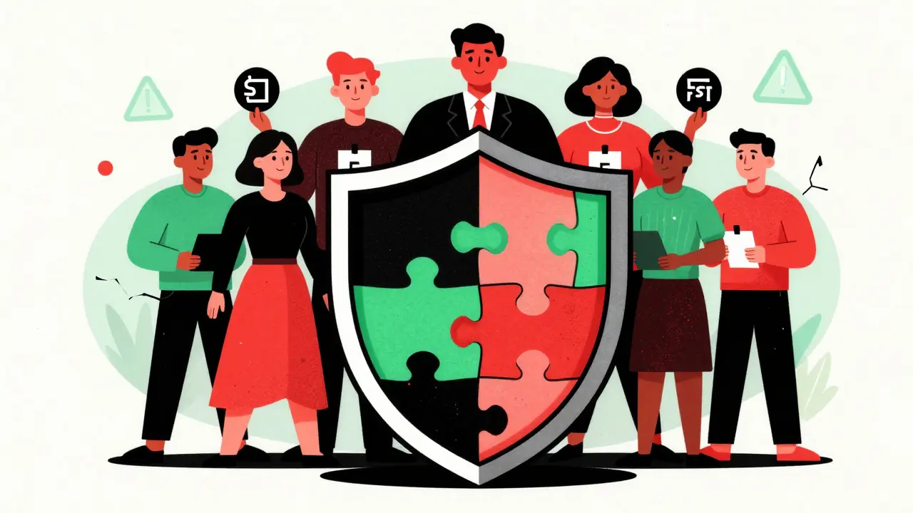 Shield representing security with avatars voting for governance in DeFi